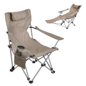 1Pc Reclining Camping Chair With Footrest 4-Position Adjustable Outdoor Folding Chair Heavy Duty Portable Camping Lounge Chair With Headrest Cup (Option: Khaki)