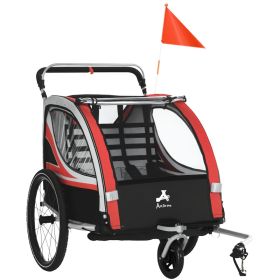 3-in-1 Bike Trailer for Kids, Running Stroller with 2 Seats, Jogging Cart with 5-Point Harness, Storage Units, Red (Option: Red-750x220x860 mm)