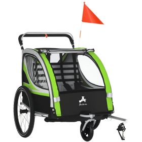 3-in-1 Bike Trailer for Kids, Running Stroller with 2 Seats, Jogging Cart with 5-Point Harness, Storage Units, Green (Option: Green-750x220x860 mm)