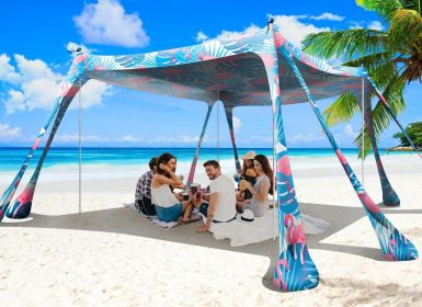 Beach Tent Sun Shelter 10x10ft Beach Canopy Easy Pop Up Sun Shade Portable UPF50+ with 8 Sandbags-2 Sand Shovel-4 Aluminum Poles-Ground Pegs for (Color: Flamingos  10x10 FT 4 Pole)